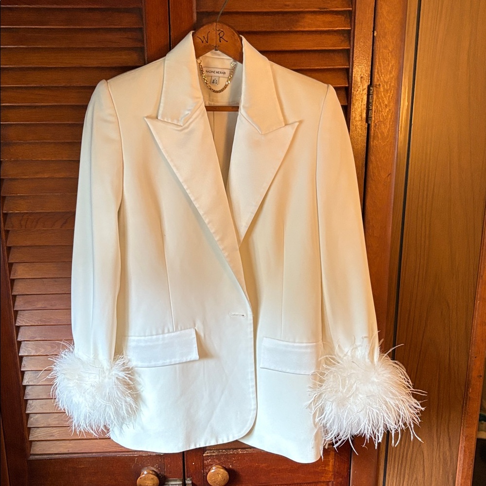 NADINE MERABI White Feather Trim Jacket and Wide Leg Pants Set